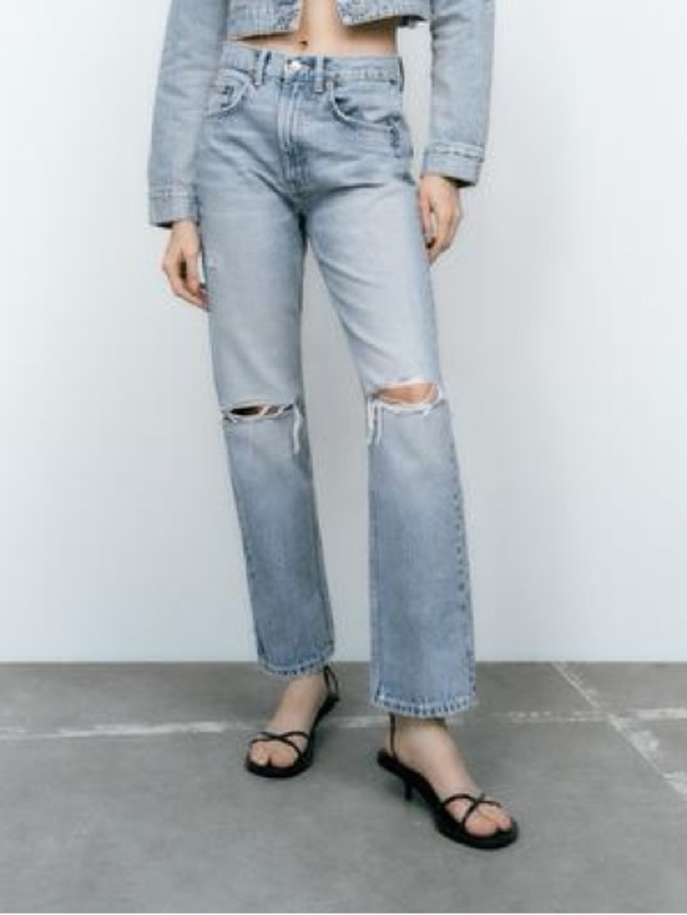 Zara TRF Full Length Distressed Straight Leg Blue Denim Jeans Size 10